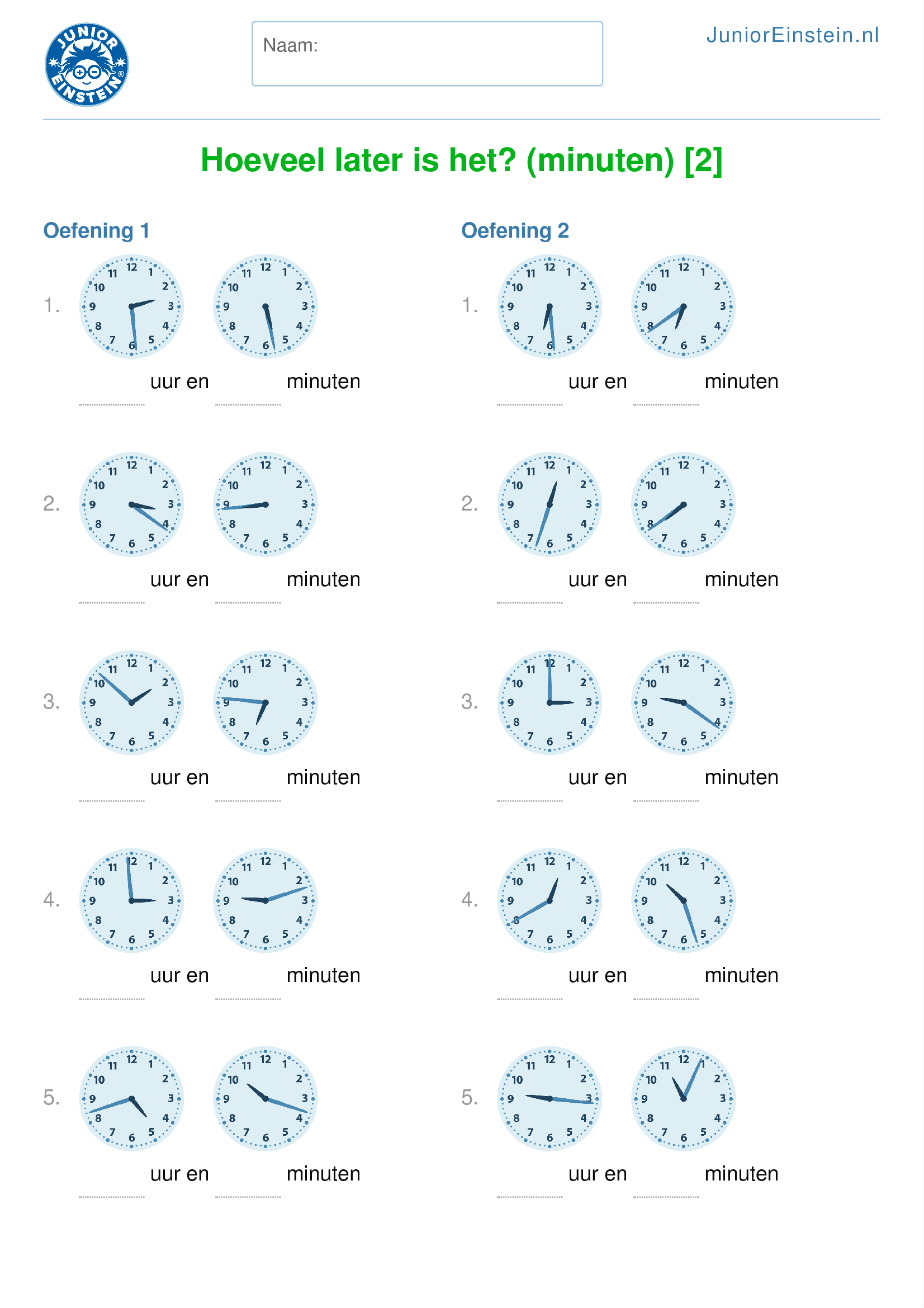 Werkblad Hoeveel later is het? (minuten) [2] (geschikt voor groep 7)