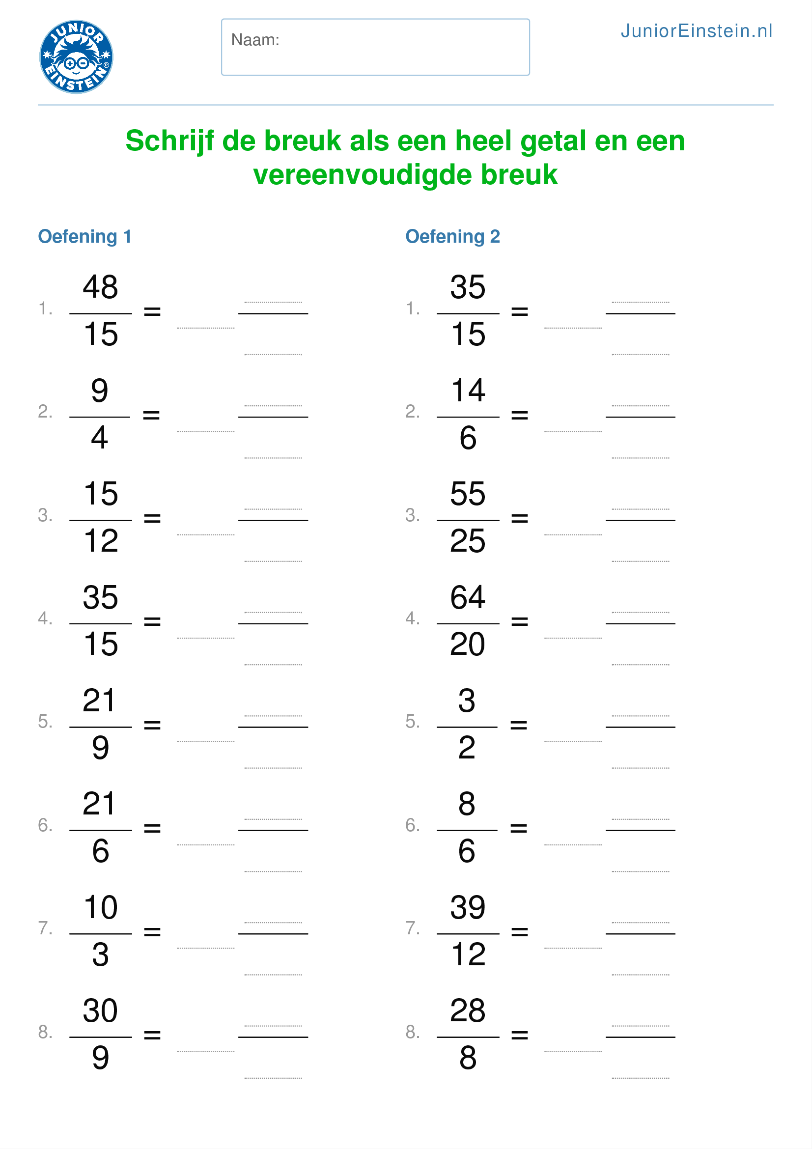 Rekenblad Schrijf De Breuk Als Een Heel Getal En Een Vereenvoudigde